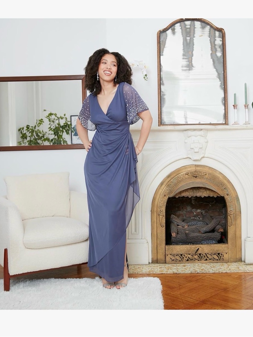 Alex Evenings Beaded-Sleeve V-Neck Chiffon Gown in Dusty Blue